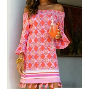 Cabana Life Womens Coral Geo Off The Shoulder Dress Sz XL NEW